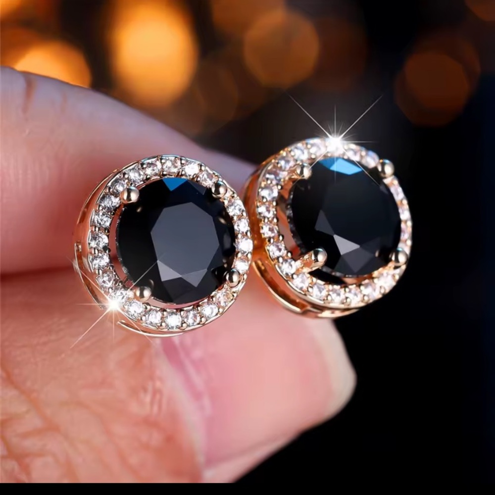 Black Sapphire and 18k Gold Finish Stud Earrings